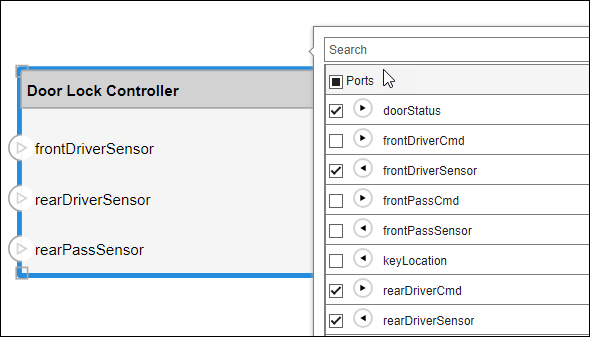 Check boxes to show and hide ports on a component in a view