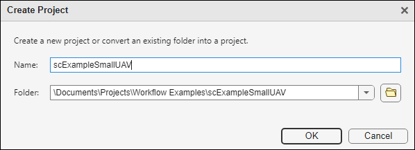 Create Project dialog with name and folder path.