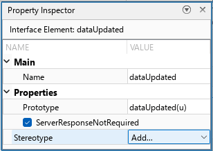 Property Inspector shows function prototype dataUpdated(u) with ServerResponseNotRequired selected.