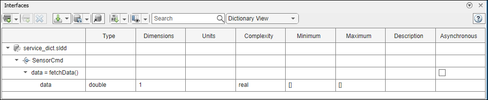 Interface Editor with a service interface definition displayed. The service interface has a function element with function signature "data = fetchData()".