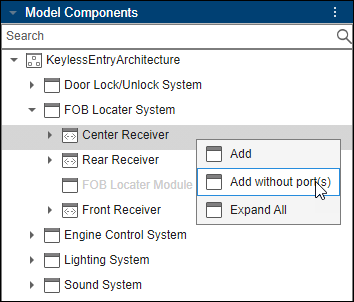 The Model Components browser showing how to add the Center Receiver component to the view without ports