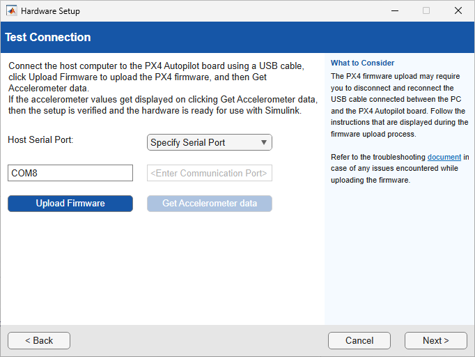 Test Connection screen showing Host Serial Port set to Specify Serial Port, Upload Firmware button, and Get Accelerometer data button.