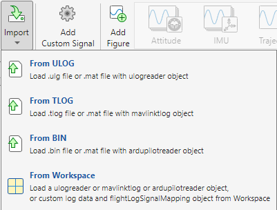 Options to import log file from ULOG, TLOG, BIN, or workspace