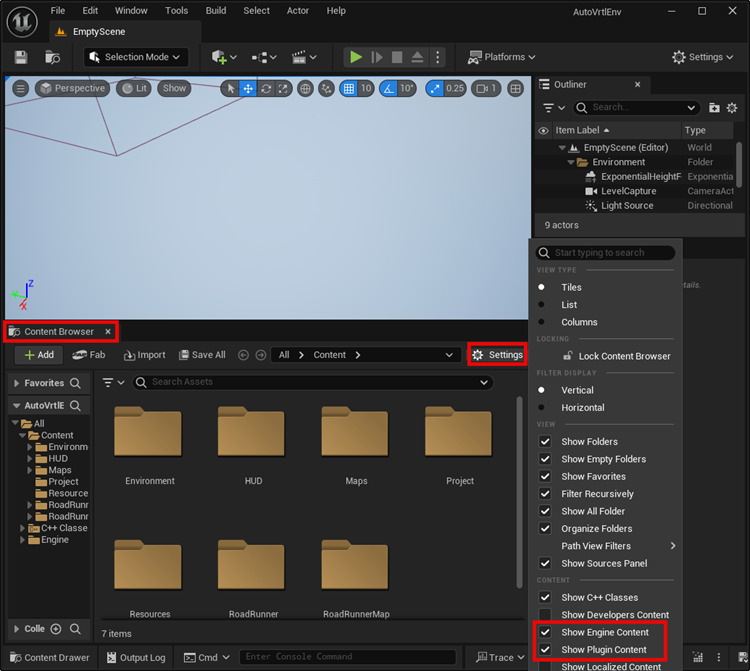 Image shows the Show Engine Content and Show Plugin Content check boxes are checked in View Options.