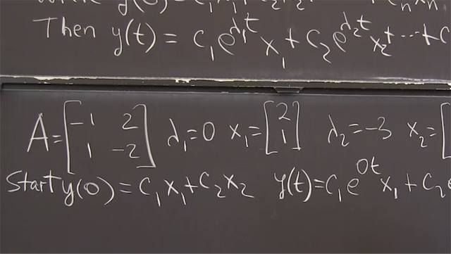 <em>d</em><strong>y</strong><em>/dt = A</em><strong>y</strong> contains solutions <strong>y</strong> <em>= e<sup>λt</sup></em><strong>x</strong>&nbsp;where <em>λ</em> and <strong>x</strong> are an eigenvalue / eigenvector pair for <em>A</em>.